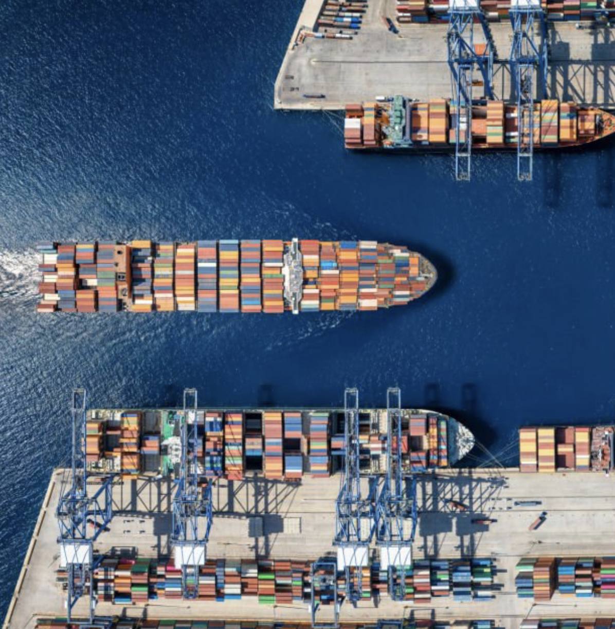 Aerial view of a container ship entering port